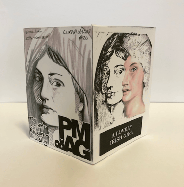 front and back page of a zine featuring portraits of a lady. Muted pastel tones and black ink.