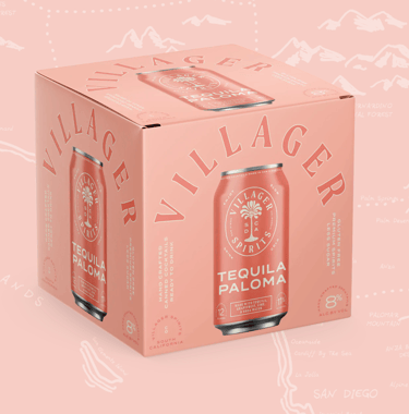 3D mockup of a peach colored 4 pack box of Villager Spirits canned cocktails.k