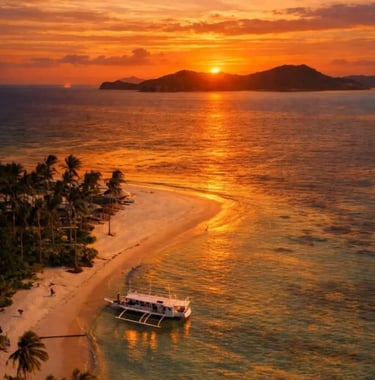 Traditional boat sailing in El Nido bay during a golden sunset dinner cruise
