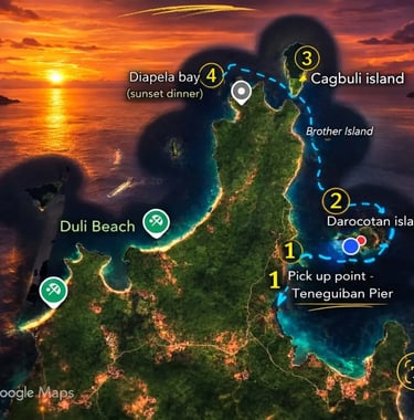 Traditional boat sailing in El Nido bay during a golden sunset dinner cruise