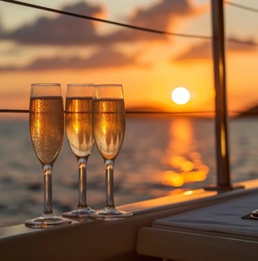 Traditional boat sailing in El Nido bay during a golden sunset dinner cruise