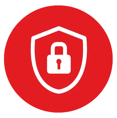 A lock and shield in a red circle icon