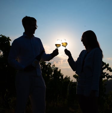 a man and woman holding wine glasses in the sun