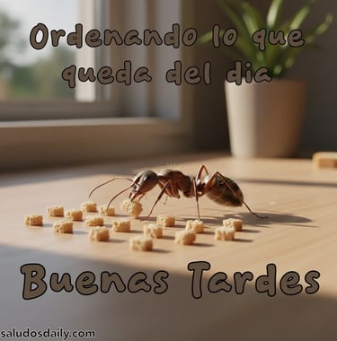 Hormiga semi realista acomodando pequeñas migajas en fila sobre una superficie, como si organizara 