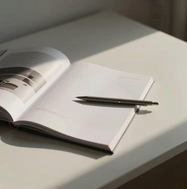 Minimalist desk with a design magazine, a thin pen, and soft morning light, warm grey and off-white palette, clean editorial composition.