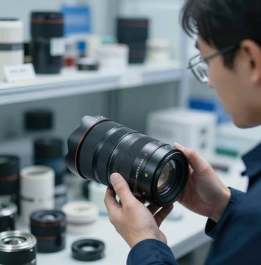 Close-up photography of high-end trade and commerce goods being inspected by a professional in a modern Global / English-speaking logistical setting. The lighting is crisp, highlighting textures and materials with a sophisticated steel blue tone.