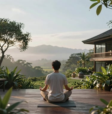Photography of a serene, luxury wellness retreat setting in a Global / English-speaking environment. A person is seen practicing meditation on a wooden deck surrounded by lush greenery under the soft morning light. The color palette emphasizes pale mist and soft sky blue.