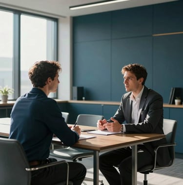 A sharp, professional photograph of a strategic consulting session in a modern, sunlit Global / English-speaking boardroom. Two professionals are engaged in deep conversation, with minimalist furniture and accents of steel blue and dark midnight teal in the background.