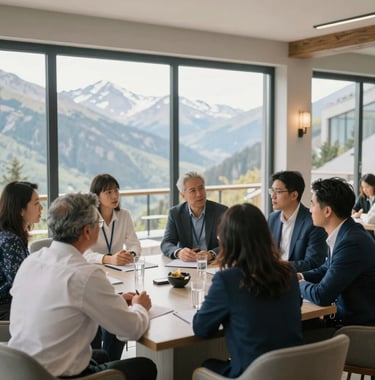 A group of professionals engaged in a strategic discussion during a transformation retreat in a Global / English-speaking luxury mountain lodge. The atmosphere is empowering and focused, with soft natural lighting and a palette of mist white and slate blue.