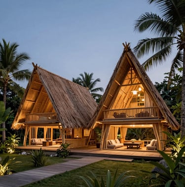 A sophisticated Balinese retreat center featuring sustainable bamboo architecture and lush tropical foliage. The lighting is warm and inviting against a soft slate blue twilight sky. A tranquil and professional atmosphere in a Global / English-speaking destination context.