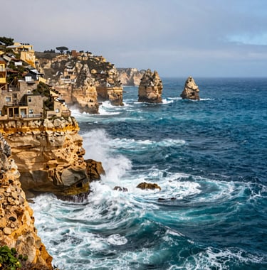 A breathtaking cinematic shot of the rugged Portuguese coastline, where mist white waves crash against golden cliffs. The deep petrol blue of the Atlantic ocean dominates the frame. The style is polished and professional, evoking a sense of premium global travel and retreats.