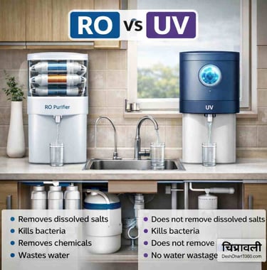 RO और UV जल शुद्धिकरण प्रणाली की तुलना दिखाता घरेलू सेटअप