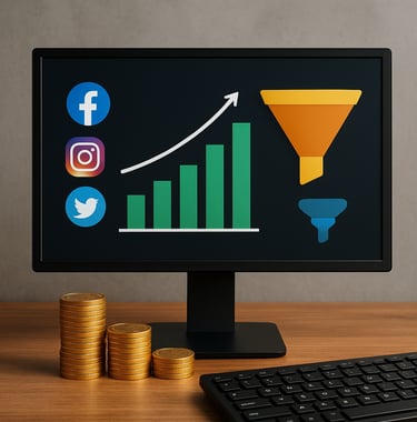 Gráficos-crescentes-tela-computador-moedas-douradas-ícones-redes-sociais-funil-vendas