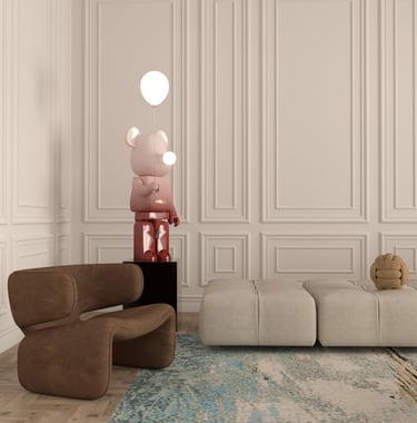 Modern living room with a pink bear sculpture, brown designer armchair, and blue area rug.