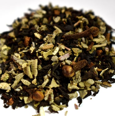 Close up image of our loose leaf spiced sage tea. Contains black tea, sage, cinnamon, and cloves.
