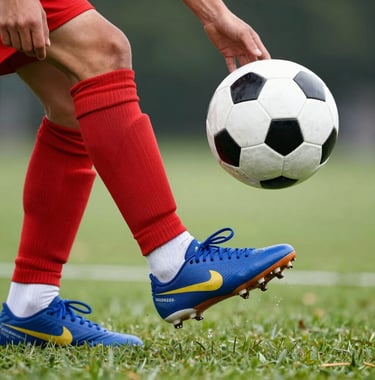 Close up of a teenage boy's feet skillfully controlling a soccer ball in mid-air, focus on technical precision, European park setting, vibrant colors.