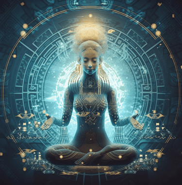 a woman sitting in a meditation position with a sacred space in the background
