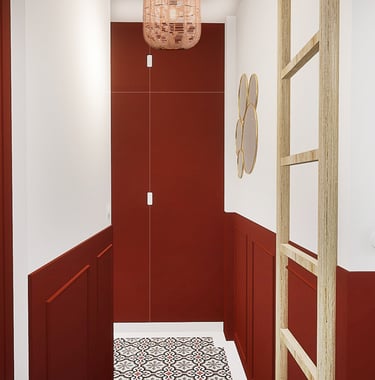 Visuel photoréaliste d'une entrée dynamique avec le rouge pour un appartement de ville