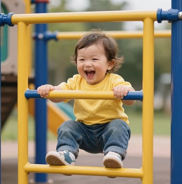 A candid shot of a laughing toddler wearing bright clothes, playing safely on a yellow and blue climbing frame in a sunny outdoor playground, professional photography with soft focus background.