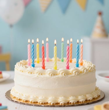 A close-up photograph of a beautifully decorated birthday cake with colorful candles on a table at a children's party, bright off-white and soft blue background, warm and festive Southeast European indoor setting.
