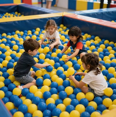A group of children playing in a large ball pit with deep blue and yellow balls, captured in a candid, joyful moment in a well-lit indoor park.