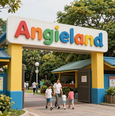 Professional exterior photography of the Angieland park signage and entrance decorated with welcoming bright colors, inviting families in for a fun day.