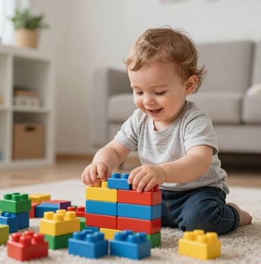 A happy toddler playing with large colorful building blocks in a bright, safe play area, Southeast European / Bulgarian home-like atmosphere.