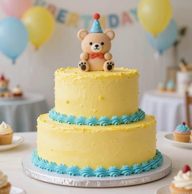 Close-up of a beautifully decorated birthday cake on a party table, featuring bright Yellow and Light Blue icing. The setting is a festive children's party room in Southeast Europe, filled with balloons and soft, inviting light.