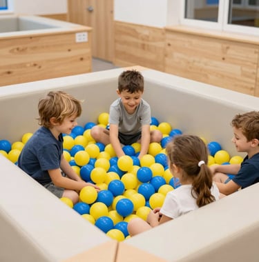 A bright and clear photo of children playing in a safe, soft-ball pit with yellow and blue balls, smiling faces, indoor play area with light wood accents, Southeast European aesthetic.