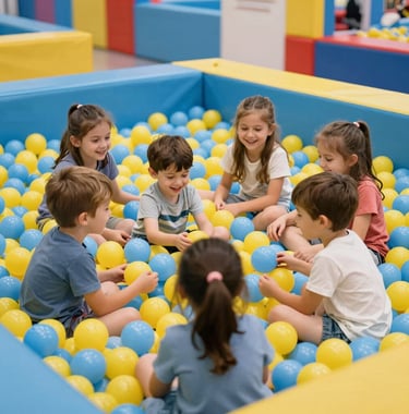A group of happy children playing in a safe, clean ball pit filled with soft Yellow and Light Blue balls. The lighting is bright and cheerful, reflecting a fun indoor atmosphere in a Southeast European amusement center.