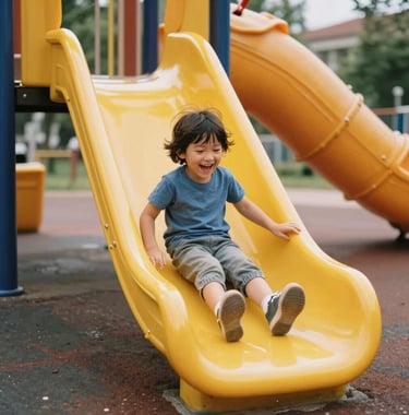 A joyful child laughing while sliding down a bright Yellow slide into a padded landing area. The photo is taken in a modern, well-maintained amusement park in Southeast Europe, highlighting safety and fun under soft morning light.