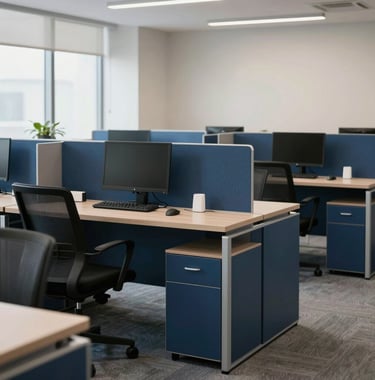 Clean, organized office interior with modern furniture in shades of navy blue and steel blue, South Asian / Indian corporate aesthetic, minimalist and efficient.