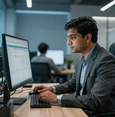 A focused South Asian / Indian analyst looking at data on a sleek monitor in a modern steel blue office environment, soft professional lighting, mood of reliability.