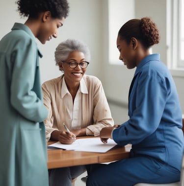 Professional notary meeting a client in a cozy home setting
