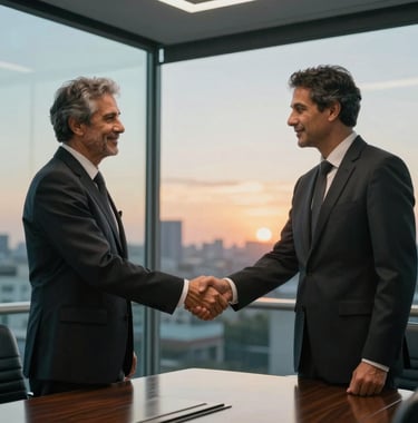 A professional handshake between two partners in a glass-walled boardroom in a South American / Brazilian corporate building. The sunset provides a warm glow against muted teal blue interior accents. The mood is one of reliable partnership and gravitas.
