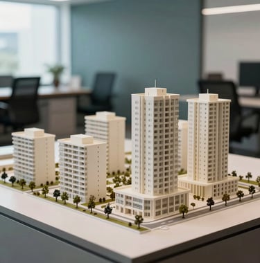 A high-quality architectural scale model of a modern urban housing project on a table in a South American / Brazilian office. The lighting is crisp, highlighting the off-white building models. The background is a soft-focus professional workspace with muted teal blue accents.