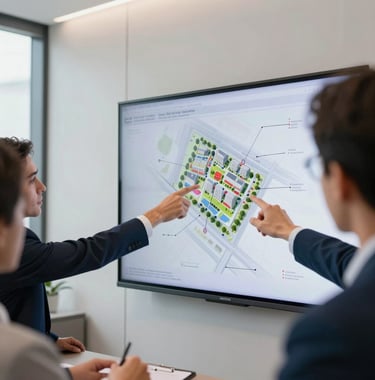 A close-up photograph of a professional meeting in a modern South American / Brazilian office. Hands of executives pointing at a real estate development plan on a large screen. The room features Mist White walls and Muted Slate Blue interior details, reflecting a mood of strategic foresight.