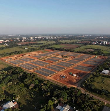 An aerial photography shot of a large land development project in Brazil, clearly showing the structured lot divisions and surrounding greenery, daytime light, Soft Steel Blue sky.