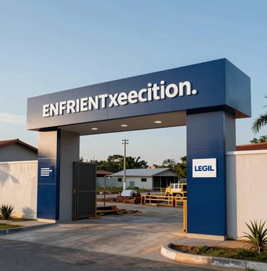 A clean, modern construction site entrance in a South American / Brazilian suburban area. Professional signage with deep navy blue branding is visible. The scene is shot in the morning light with a soft steel blue sky, representing efficient execution.