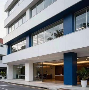 A professional photograph of a modern South American / Brazilian building lobby, emphasizing high-end finishes and professional corporate style, Ice White and Deep Midnight Blue accents.