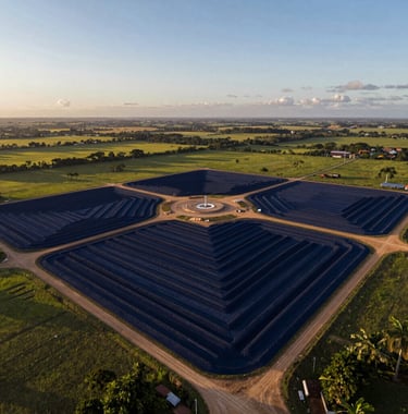 Aerial photography of a large-scale land development project in a green South American / Brazilian landscape. The lighting is golden hour, highlighting structured earthworks and strategic planning. The color palette features Deep Navy Blue shadows and Soft Steel Blue horizons.