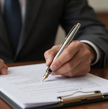 A close-up photograph of a professional business person's hand in a dark suit, holding a silver fountain pen over high-quality paper documents. The lighting is sophisticated, using gold accents. Global/International style.