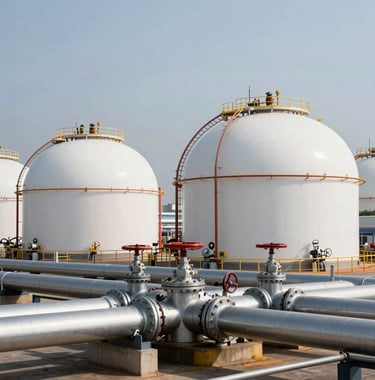 A sophisticated Liquefied Natural Gas (LNG) terminal with modern white and silver pipelines, set against a crisp, high-end industrial backdrop. Global / International.