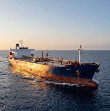 A massive crude oil tanker ship navigating calm deep blue waters at dawn, with a golden horizon reflecting the professional success of maritime trade. Global / International.