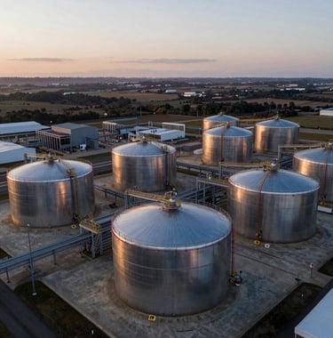 An aerial professional view of a refined fuels storage facility at dawn. The metal tanks reflect soft silver light against a dark landscape, creating a clean, high-end industrial aesthetic. Global/International context.