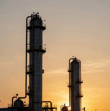 A clean, modern photograph of an oil refinery refinery distillation tower silhouette against a deep gold sunset sky. The style is sharp, professional, and authoritative. Global/International energy scene.