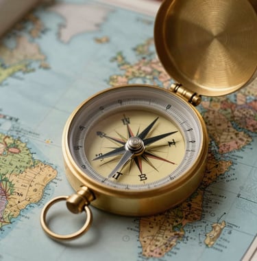 A sharp, detailed macro photograph of a gold-rimmed nautical compass resting on a world atlas. The focus is on the precision instruments used for global navigation. Global / International.