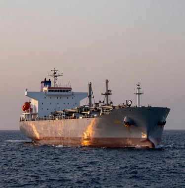 A professional photograph of a massive petroleum tanker ship on the open ocean at dusk, its silver hull reflecting the fading light. The composition is expansive and powerful. Global / International.
