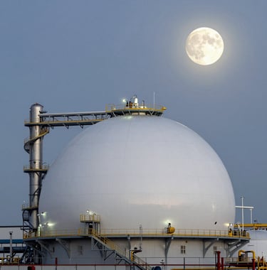 A high-end architectural photograph of a modern LNG terminal under a silver moonlit sky, showcasing clean industrial lines and professional lighting to evoke trust and technological superiority. Global / International.