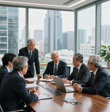 A group of senior business executives in dark suits discussing energy contracts in a sunlit, high-rise boardroom overlooking a modern cityscape. Global / International.